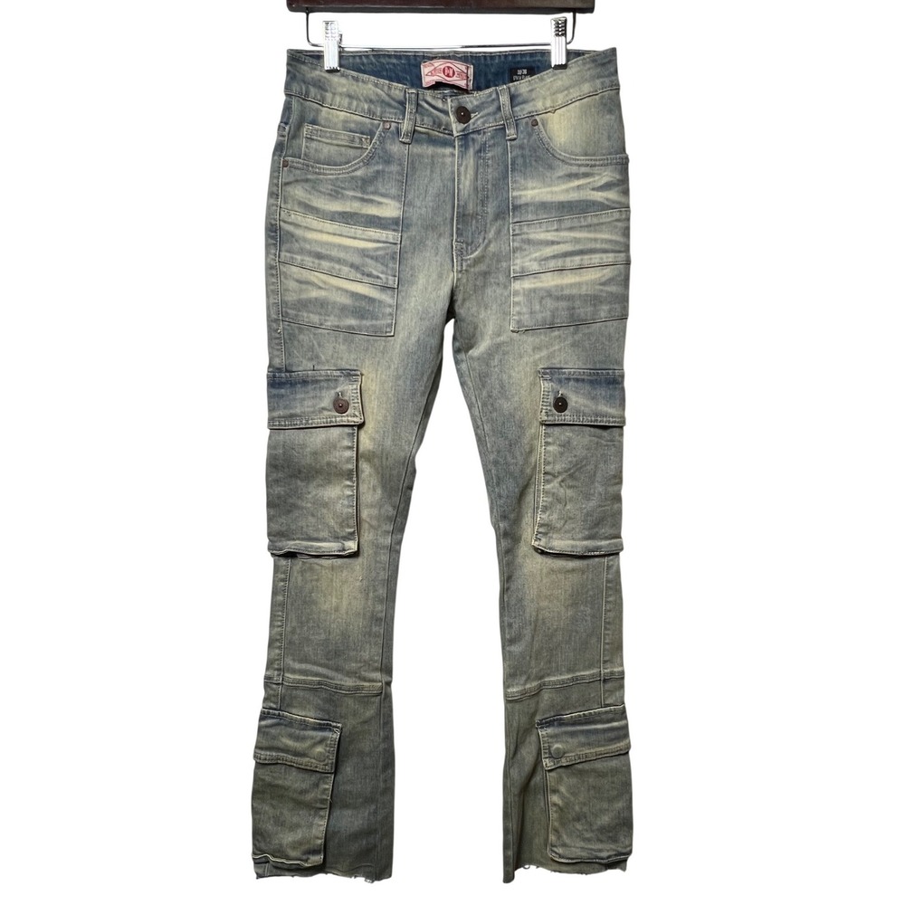 Bleecker & Mercer Mens Cargo Jeans Stack Flare 30x36 Dirty Wash Blue Streetwear